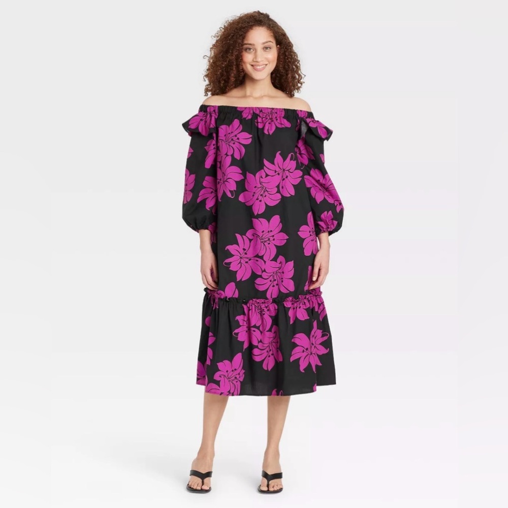Who What Wear Hot Hibiscus Floral Print Off Shoulder Dress Ruffle‎ Hem Size Med